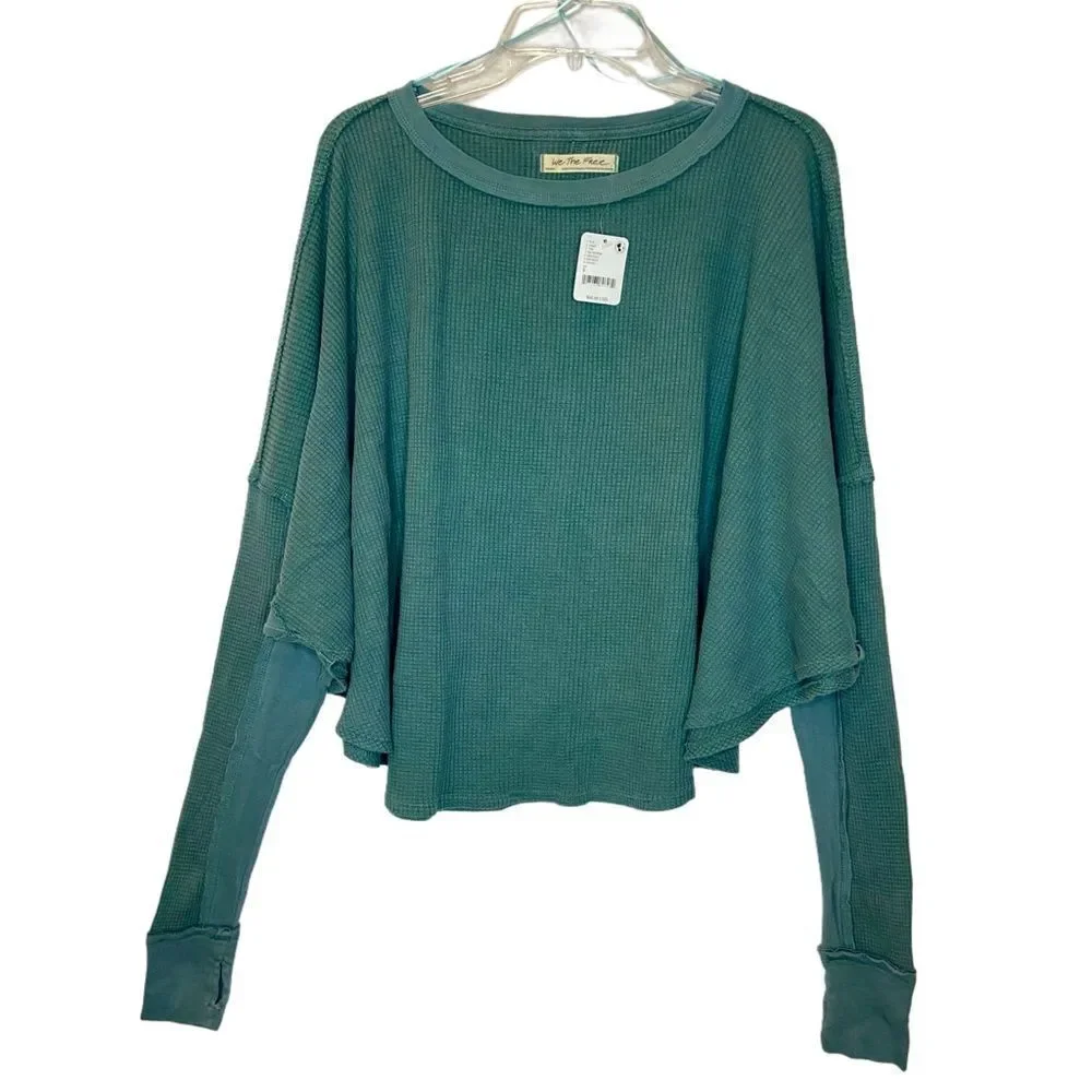 Free People Oversized Thermal Long Sleeve Top in Sage Green